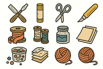 Shelf tools scissors paint vector threads icons icon beads paper ribbons craft