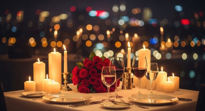 Romantic candlelit dinner with roses and wine against a stunning city nightscape creating an intimate and unforgettable experience for couples