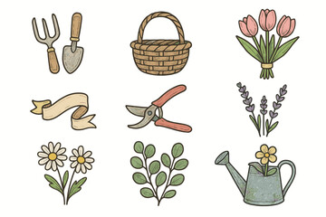 Fototapeta premium Vector daisies eucalyptus spring tulips wicker ribbon icons small shears floral icon