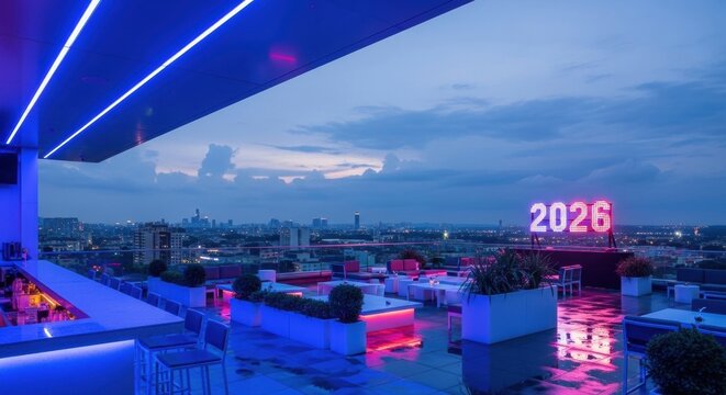 Stunning modern rooftop bar glows with vibrant neon lights overlooking city skyline at dusk, perfect for nightlife and celebration scenes.