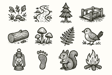 Vector icon wooden nature campfire lantern trail pine forest path tree icons