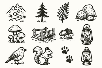 Wooden rocks leaf bird mushrooms icon squirrel icons mountain vector path forest