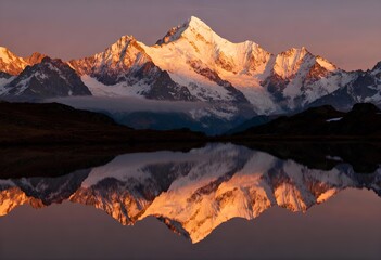 A stunning view of snow-capped mountains illuminated by sunrise, reflected in a calm lake, creating a serene and breathtaking landscape.