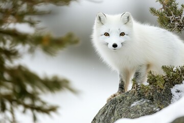White arctic fox stands alertly on a snow covered rock surrounded by pine foliage