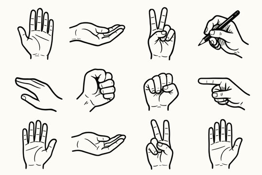 Open clenched vector bent holding peace gesture cupped pointing hand icon