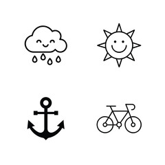 Weather anchor bicycle and sun icons on white background Keywords: cloud, rain, sun, smile