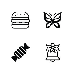 Burger butterfly candy and bell icons on white background Keywords: burger, hamburger, food