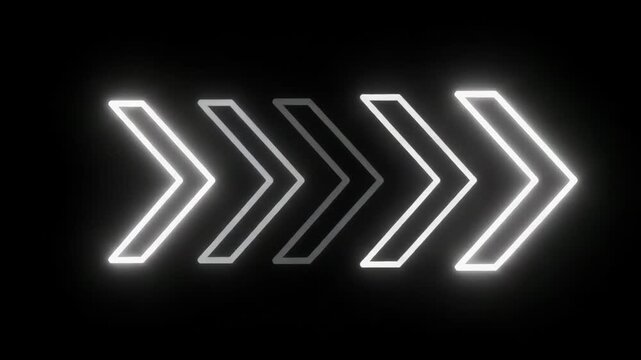 Three white neon arrows pointing right on a black background lighting motion animated video