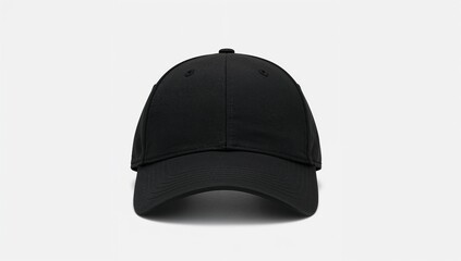 Fototapeta premium Front view of a plain black baseball cap displayed on a white background for a clean, minimalist look.