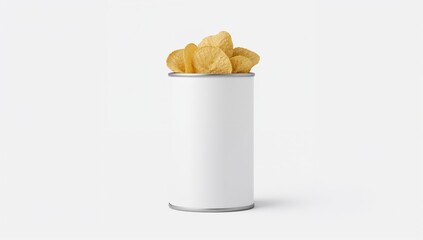 Crispy, savory potato chips overflow from a simple white and silver container on white backdrop.