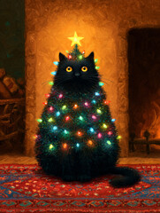 Oil painting of fluffy black cat wrapped in Christmas lights with star on head by fireplace
