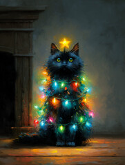 Oil painting of fluffy black cat wrapped in Christmas lights with star on head by fireplace