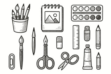 Obraz premium Scissors eraser supplies art pen pencil ruler tube icons sketchbook brush icon