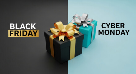 Image showing two gift boxes with ribbons on split background, representing Black Friday and Cyber Monday sales events, perfect for promotional concept