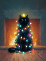 Oil painting of fluffy black cat wrapped in Christmas lights with star on head by fireplace
