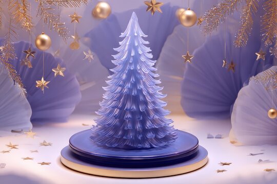 Illuminated translucent tree sculpture rests on stacked circular bases amidst hanging golden decorations