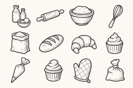 Icons icon essentials vector bag cupcake pin icing oven bread rolling bakery