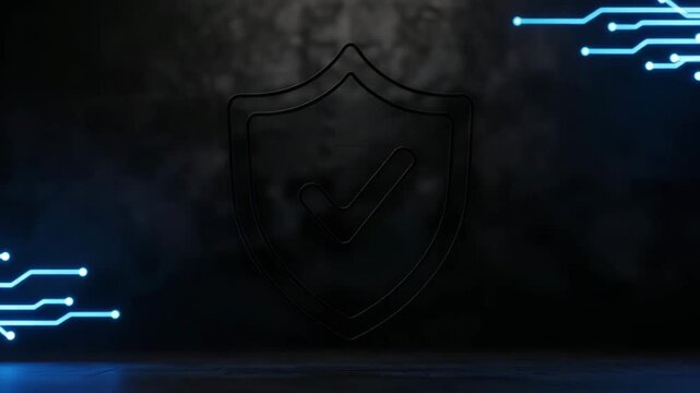 Blue neon shield with checkmark symbol on dark background lighting motion animated video