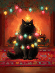 Oil painting of fluffy black cat wrapped in Christmas lights with star on head by fireplace