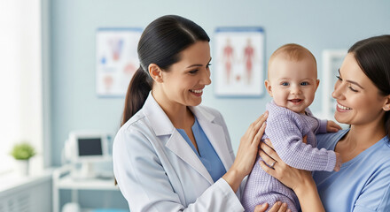 Smiling pediatrician holding a happy baby boy in her arms while the mother looks on lovingly, a perfect concept for trust and gentle pediatric care