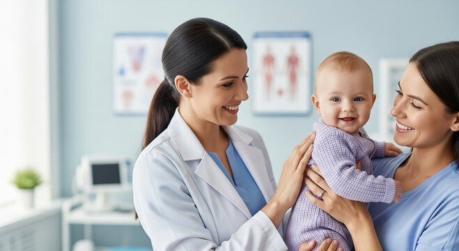 Smiling pediatrician holding a happy baby boy in her arms while the mother looks on lovingly, a perfect concept for trust and gentle pediatric care