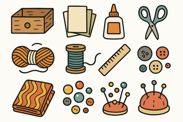 Creative vector tools icon glue craft ruler cushion materials buttons yarn beads