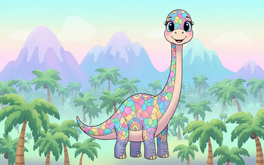 Cheerful Dinosaur in a Vibrant Paradise: A charming, friendly dinosaur with a colorful, patterned skin, smiles against a backdrop of lush palm trees, distant mountains and a soft pastel sky.