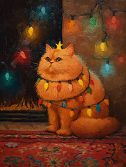 Oil painting of fluffy orange cat wrapped in Christmas lights with star on head by fireplace