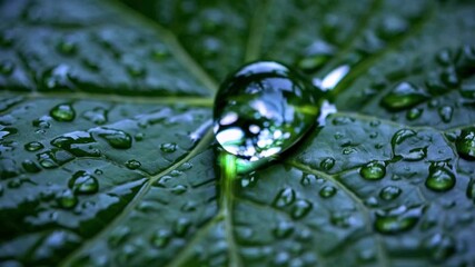 Macro green leaf with dew droplet resting on textured vein, spherical bead rolling with mirrored highlights, scattered smaller droplets, cool morning mood, botanical close-up emphasizing clarity,