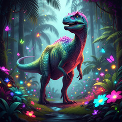 Dreamlike Dinosaur: A vividly colored dinosaur strides through a fantastical, luminescent forest. Vivid hues bring the ancient creature and its vibrant surroundings to life. 