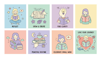 Set of cute selfcare illustrations reading journaling reflection and personal growth concepts