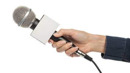 Confident reporter holding microphone ready for breaking news interview, delivering important information with authority and professionalism