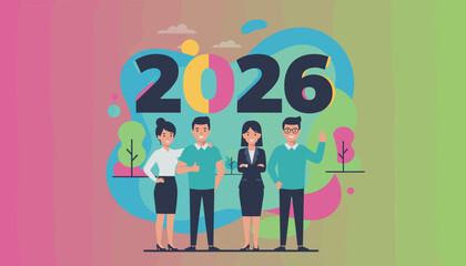 Diverse business team smiling under large 2026 graphic symbolizing future goals and success Vector art