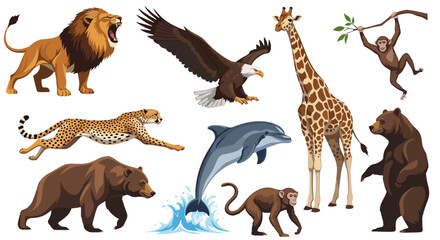 Fototapeta premium Majestic wildlife collection showcasing diverse animals in dynamic poses, perfect for educational and commercial use.