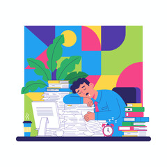 Overworked employee asleep on a mountain of documents Stress burnout and fatigue at the office