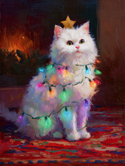 Oil painting of fluffy white cat wrapped in Christmas lights with star on head by fireplace