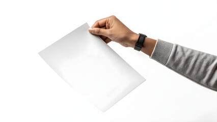 Professional hand holding blank white paper ready for message, document, flyer or design, mockup template for advertising or promotional offer