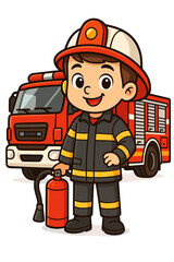 Fototapeta premium Brave young firefighter proudly stands with fire truck and extinguisher, ready for action and adventure