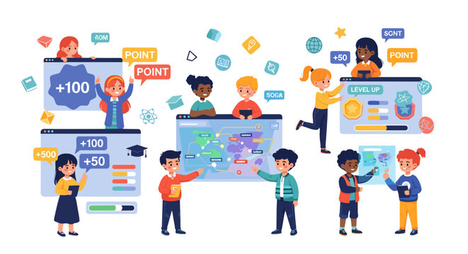 Children engaging with interactive digital learning games and educational technology in a vibrant classroom setting