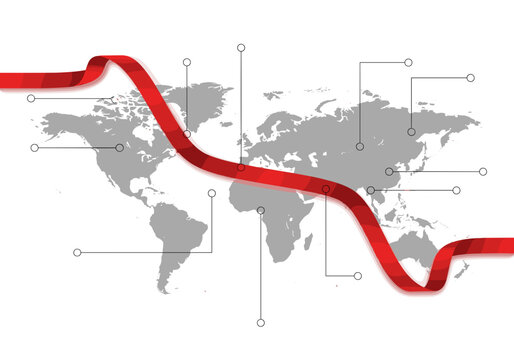 Global financial data charting economic trends across the world map with dynamic red ribbon visualization