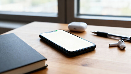 Explore a modern workspace featuring a smartphone, notebook, and wireless earbuds, perfect for lifestyle blogs or tech articles.