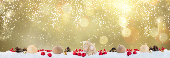Christmas extra wide border with christmas golden and red in snow isolated on white background