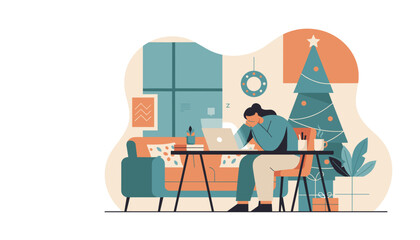 Overworked woman exhausted at her home office desk during the Christmas holiday season