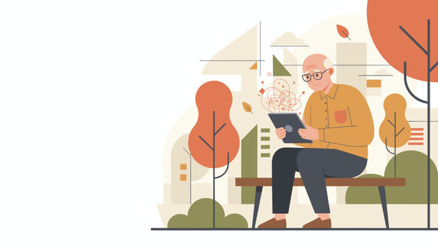 Elderly man frustrated by complexity struggling to use a tablet device on a park bench
