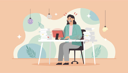 Angry businesswoman overwhelmed by excessive workload and paperwork at office desk