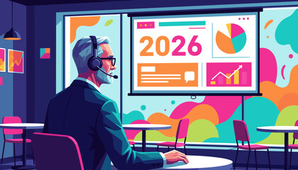 Executive presenting 2026 strategy and growth metrics via a video conference screen