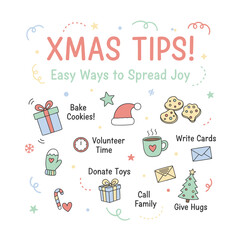 Cute doodle graphic of Christmas tips Easy ways to spread joy kindness and cheer during holidays