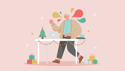 Happy senior doing a holiday video call on laptop at a festive decorated desk