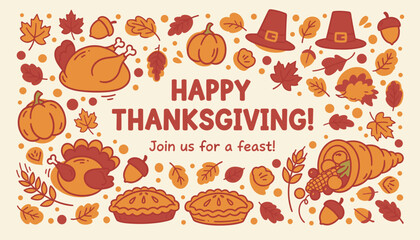 Cute Happy Thanksgiving doodle background with turkey pie pumpkin and autumn foliage for fall celebrations
