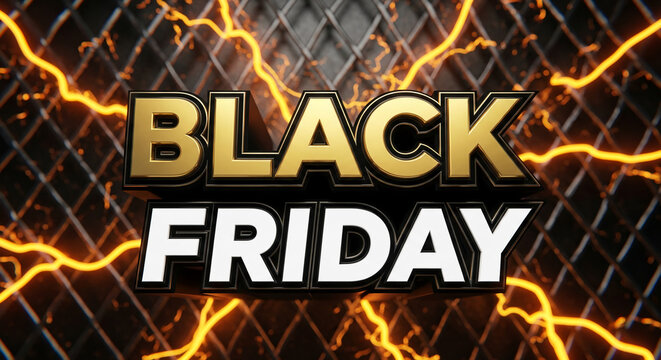 Golden and white text on dark patterned surface with electric discharge, representing discount season, holiday sale, promotional event and advertising